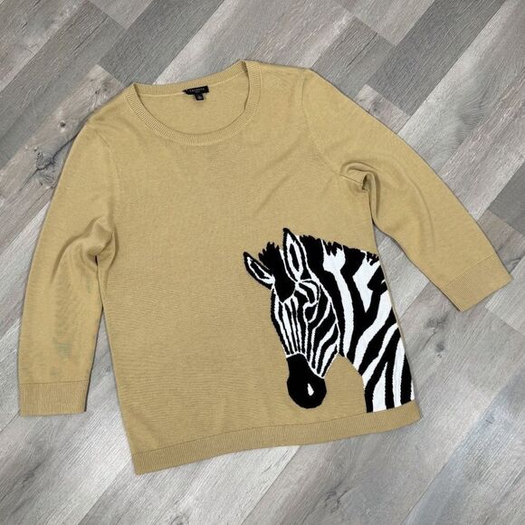 Talbots Zebra Head Crewneck Pullover Knit Top Sweater Tan Petite Large - Picture 14 of 14